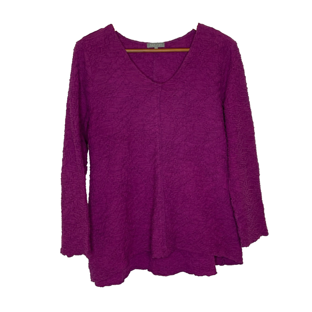 Women's Large Habitat Purple Textured Cotton Blend V-Neck Lagenlook Shirt